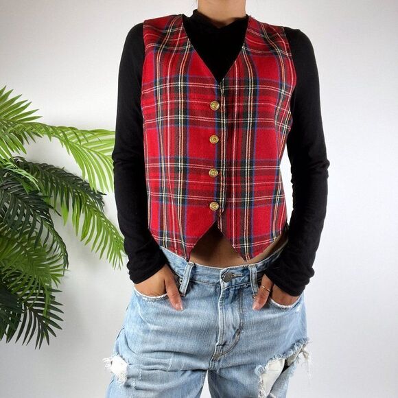 Vintage 90s Grunge Red Preppy Old Money Academia Dark Plaid Vest / Size: Small - Picture 4 of 4